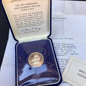 1975 Barbados Uncirculated proof $100 GOLD Coin Franklin Mint